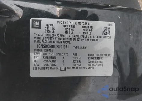 2012 Chevrolet Tahoe Ltz из США, поврежденный, VIN 1GNSKCE00CR291071